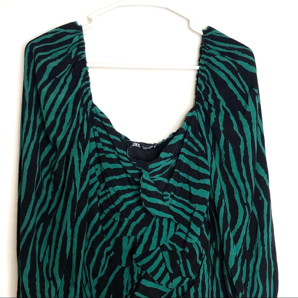 ZARA Mini Dress Ruffle Front Ruched Flare Zebra - Picture 6 of 10